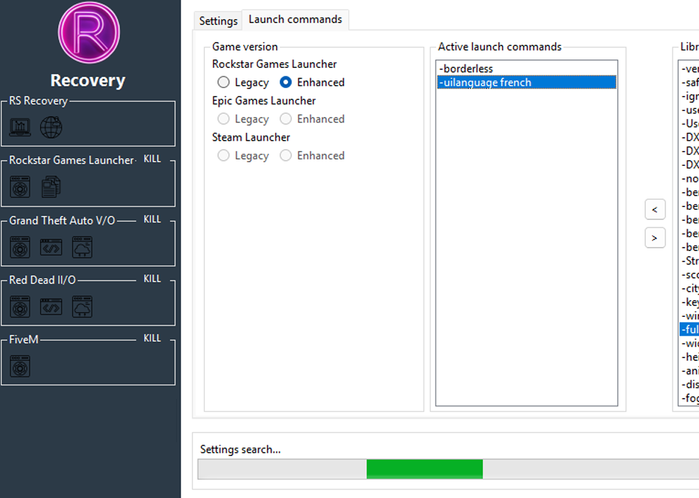 Rockstar Recovery interface showing launch commands management